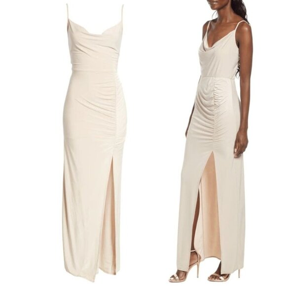 REVOLVE Dresses & Skirts - Wayf Layla Cowl Neck Ruched Maxi Slip Dress Gown Beige Tan Slit Sleeveless Small